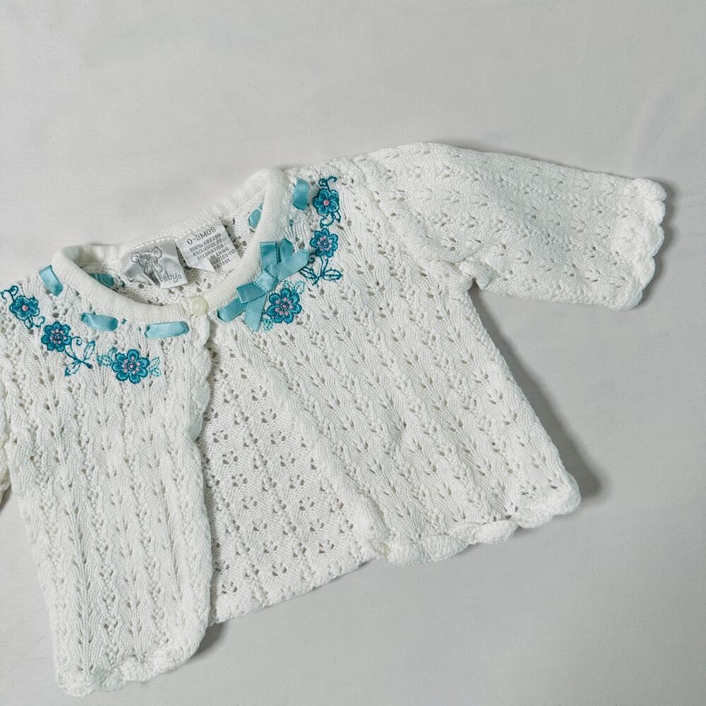 Vintage Koala Baby White Knit Cardigan w/ Blue Floral & Ribbon Collar Sz 0-3 mo